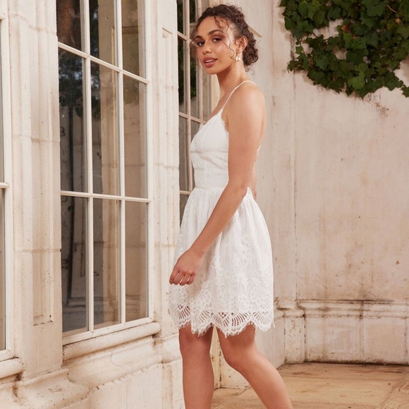 Two Sisters Aurelia Dress White Lace Plunge V Neck Mini Bridal Shower Rehearsal - Picture 9 of 16